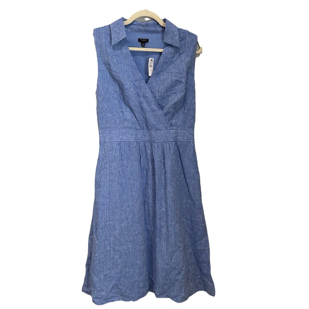 Talbots 10p Linen Chambray‎ Shirt Dress Sleeveless Midi Fit Flare V Neck NWT